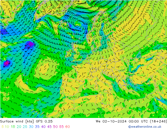 Surface wind GFS 0.25 We 02.10.2024 00 UTC