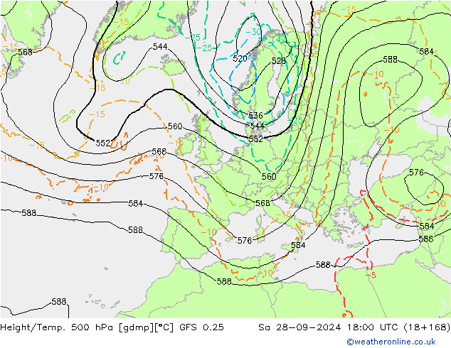 Z500/Rain (+SLP)/Z850 GFS 0.25 Sa 28.09.2024 18 UTC