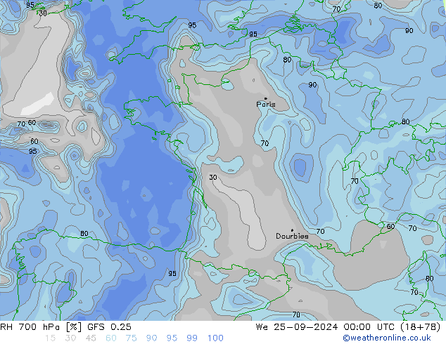 RH 700 hPa GFS 0.25 We 25.09.2024 00 UTC