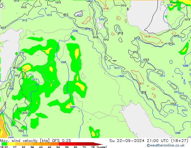 Max. wind velocity GFS 0.25 Su 22.09.2024 21 UTC