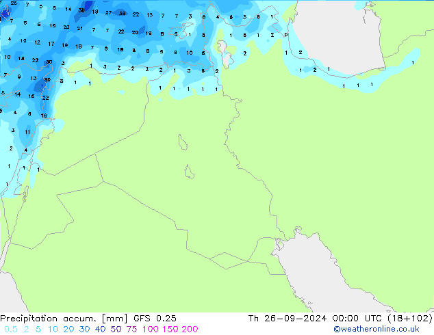 Totale neerslag GFS 0.25 do 26.09.2024 00 UTC