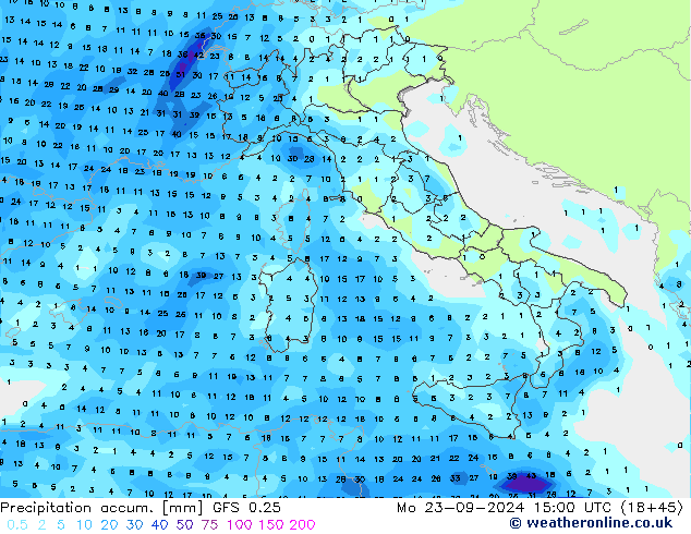 Toplam Yağış GFS 0.25 Pzt 23.09.2024 15 UTC