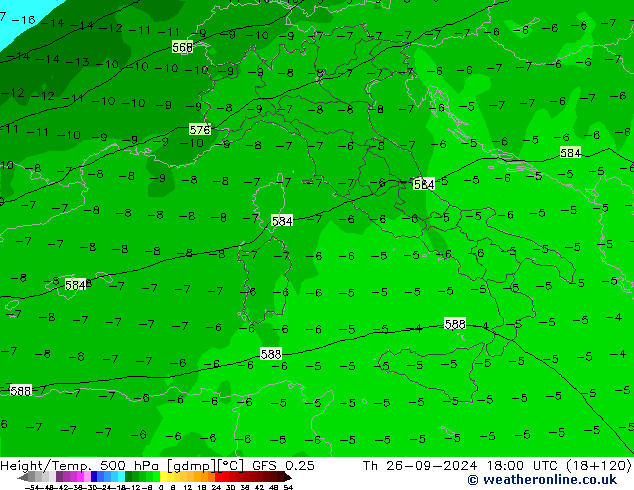 Z500/Rain (+SLP)/Z850 GFS 0.25 Čt 26.09.2024 18 UTC