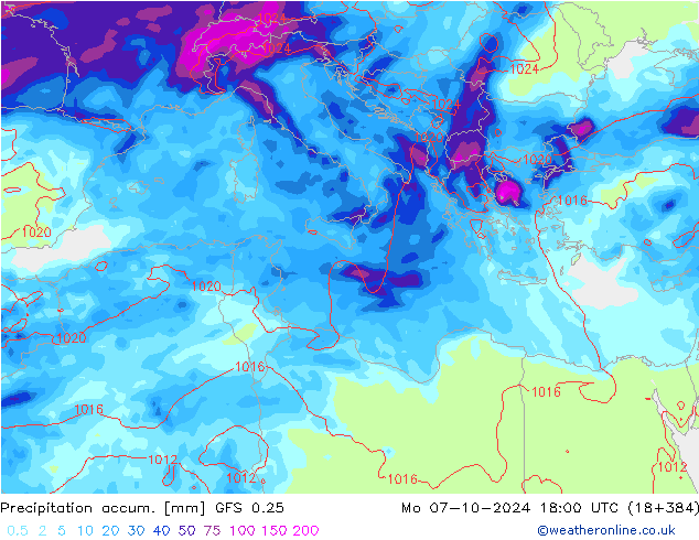 Totale neerslag GFS 0.25 ma 07.10.2024 18 UTC