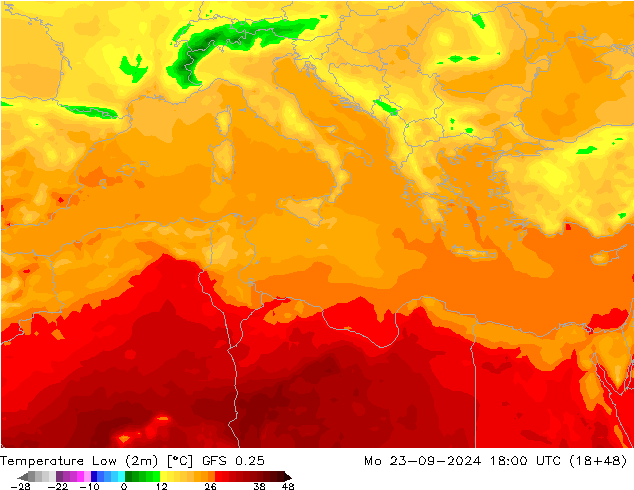 Min.temperatuur (2m) GFS 0.25 ma 23.09.2024 18 UTC