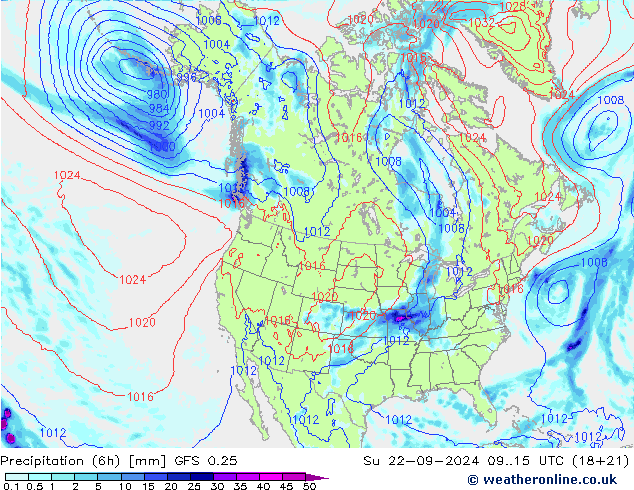 Z500/Rain (+SLP)/Z850 GFS 0.25 Dom 22.09.2024 15 UTC