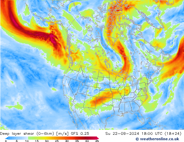 Deep layer shear (0-6km) GFS 0.25 星期日 22.09.2024 18 UTC