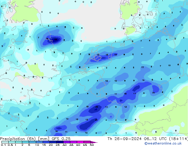 Precipitation (6h) GFS 0.25 Th 26.09.2024 12 UTC