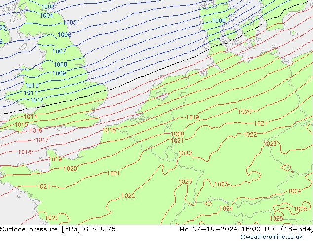 地面气压 GFS 0.25 星期一 07.10.2024 18 UTC