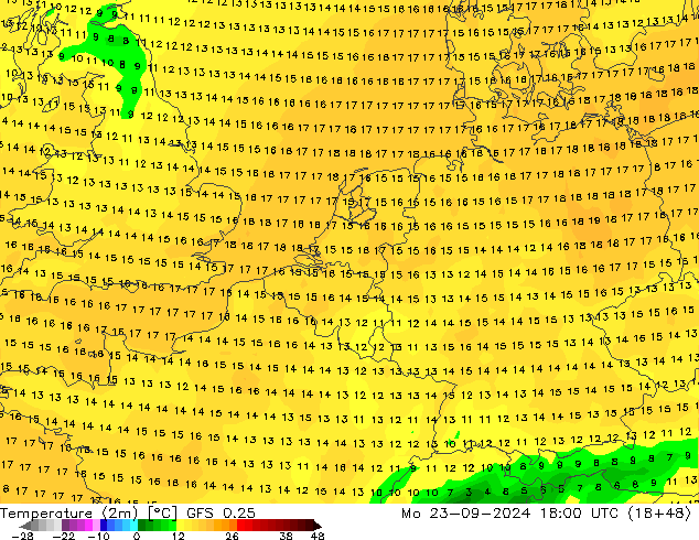 Temperaturkarte (2m) GFS 0.25 Mo 23.09.2024 18 UTC