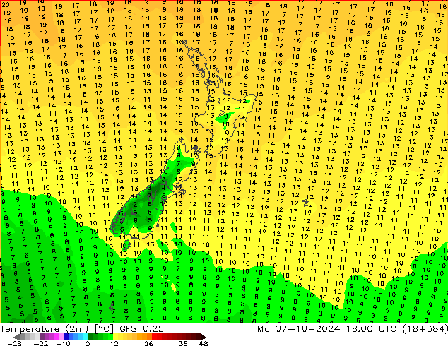 Temperatuurkaart (2m) GFS 0.25 ma 07.10.2024 18 UTC