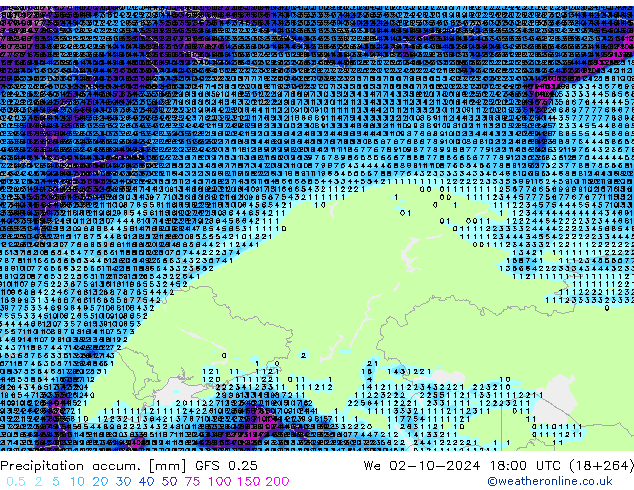 Precipitation accum. GFS 0.25 We 02.10.2024 18 UTC