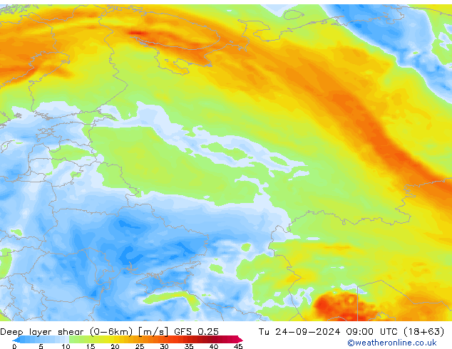 Deep layer shear (0-6km) GFS 0.25 Út 24.09.2024 09 UTC