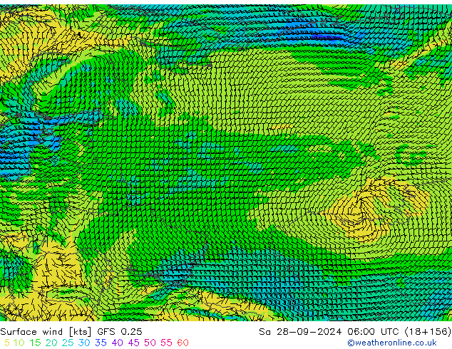 Wind 10 m GFS 0.25 za 28.09.2024 06 UTC