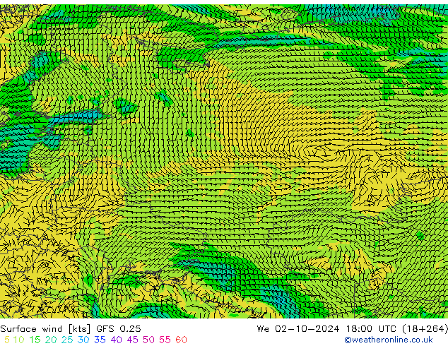 Surface wind GFS 0.25 We 02.10.2024 18 UTC