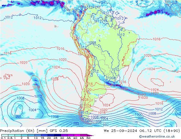 Z500/Rain (+SLP)/Z850 GFS 0.25 St 25.09.2024 12 UTC