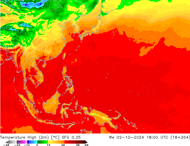 Nejvyšší teplota (2m) GFS 0.25 St 02.10.2024 18 UTC