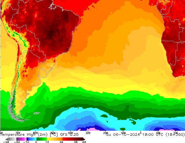 Höchstwerte (2m) GFS 0.25 So 06.10.2024 18 UTC