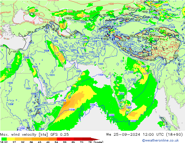 Max. wind velocity GFS 0.25 ср 25.09.2024 12 UTC