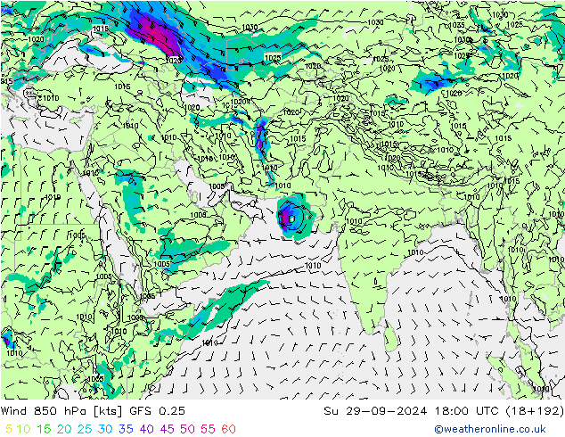 Wind 850 hPa GFS 0.25 Su 29.09.2024 18 UTC