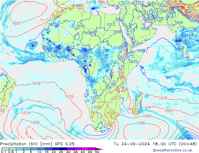 осадки (6h) GFS 0.25 вт 24.09.2024 00 UTC