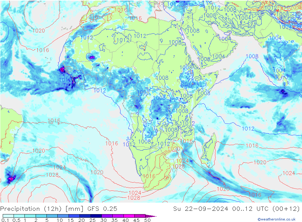 Totale neerslag (12h) GFS 0.25 zo 22.09.2024 12 UTC