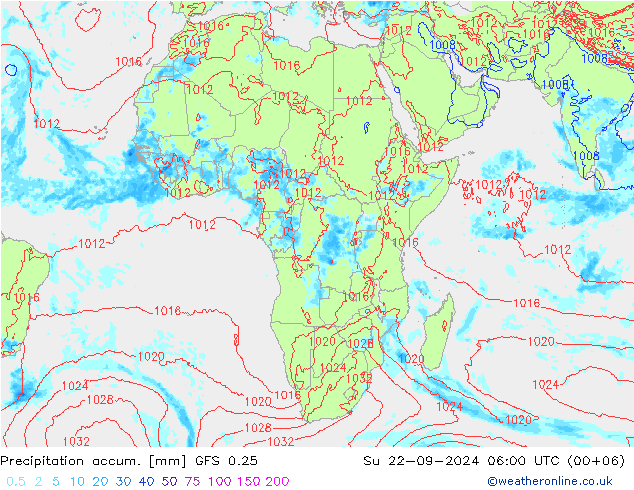 Precipitation accum. GFS 0.25 Su 22.09.2024 06 UTC