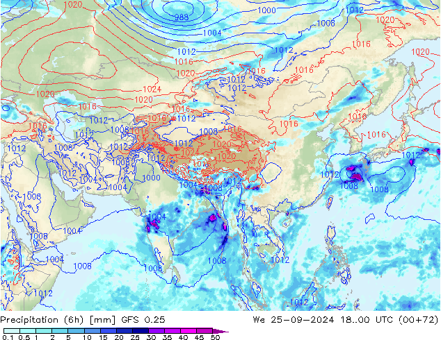 Totale neerslag (6h) GFS 0.25 wo 25.09.2024 00 UTC