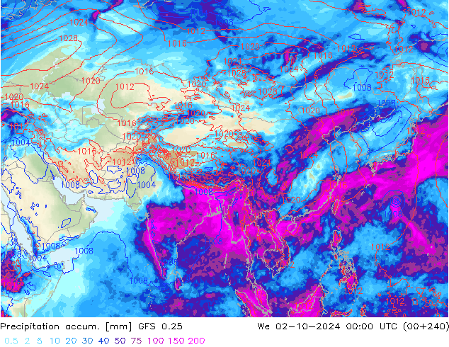 Precipitation accum. GFS 0.25 St 02.10.2024 00 UTC