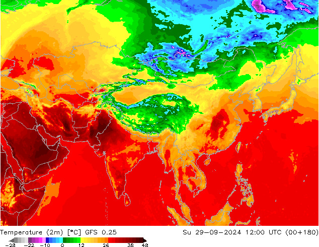 Temperatuurkaart (2m) GFS 0.25 zo 29.09.2024 12 UTC