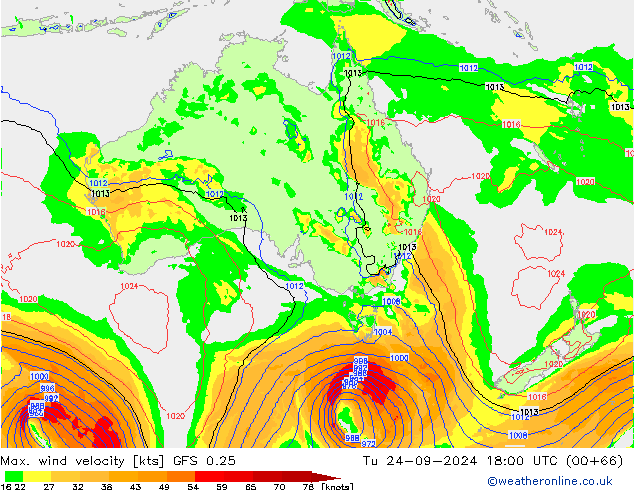 Max. wind velocity GFS 0.25 Tu 24.09.2024 18 UTC