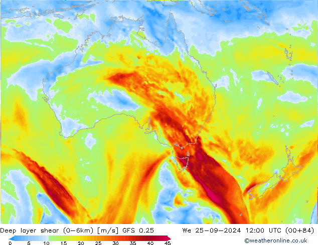 Deep layer shear (0-6km) GFS 0.25 Qua 25.09.2024 12 UTC