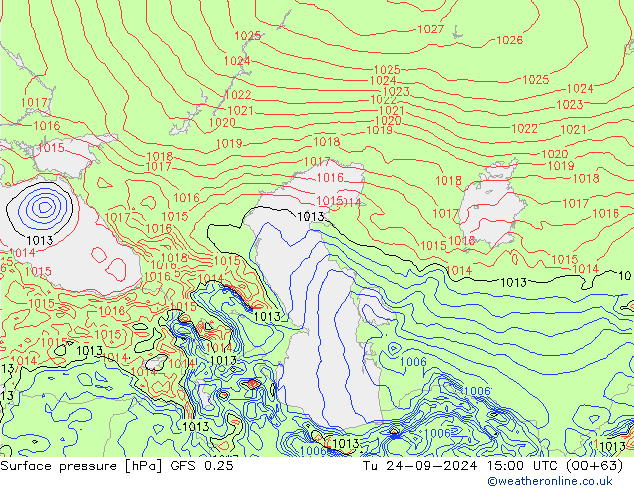 Luchtdruk (Grond) GFS 0.25 di 24.09.2024 15 UTC