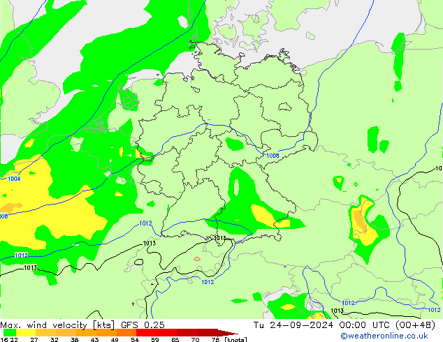 Max. wind velocity GFS 0.25 вт 24.09.2024 00 UTC