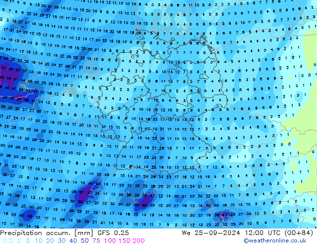 Precipitation accum. GFS 0.25 mer 25.09.2024 12 UTC