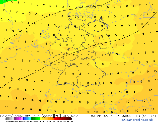 Yükseklik/Sıc. 850 hPa GFS 0.25 Çar 25.09.2024 06 UTC