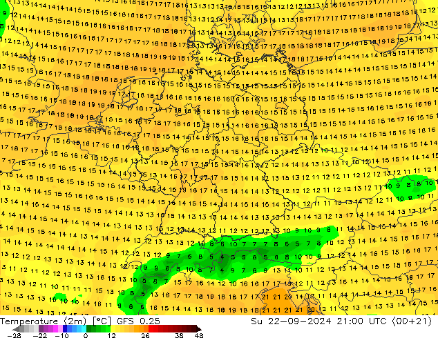 Sıcaklık Haritası (2m) GFS 0.25 Paz 22.09.2024 21 UTC