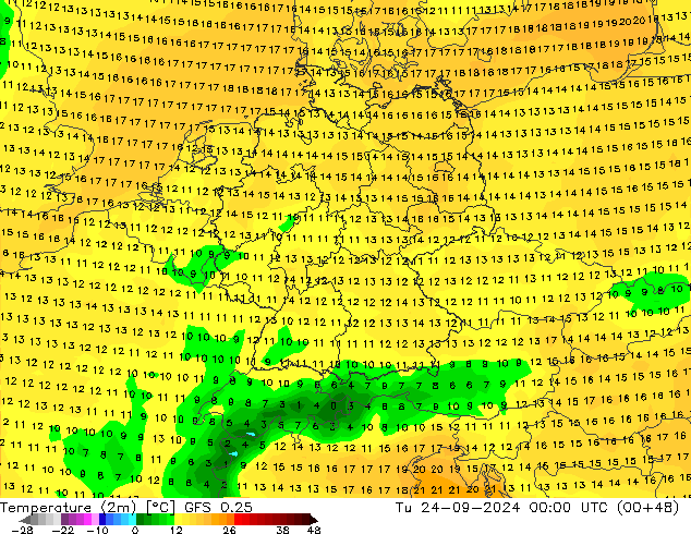 Temperature (2m) GFS 0.25 Tu 24.09.2024 00 UTC