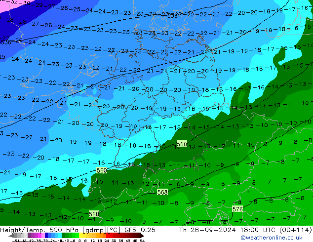 Z500/Rain (+SLP)/Z850 GFS 0.25 星期四 26.09.2024 18 UTC