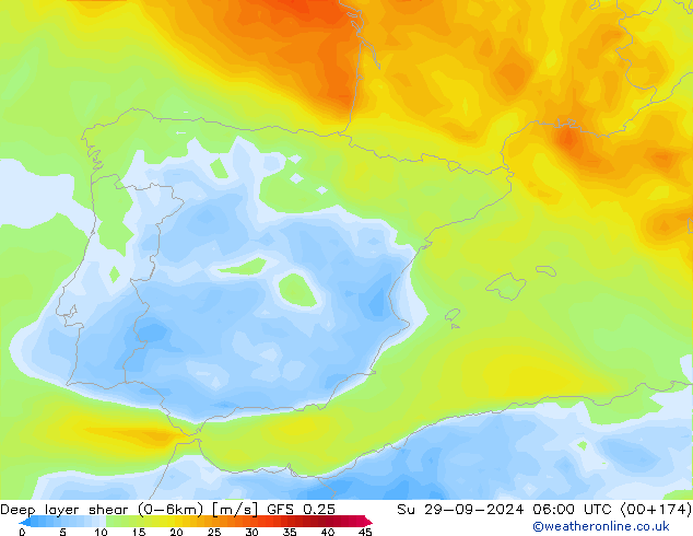 Deep layer shear (0-6km) GFS 0.25 Ne 29.09.2024 06 UTC