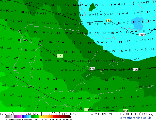 Z500/Rain (+SLP)/Z850 GFS 0.25 Út 24.09.2024 18 UTC