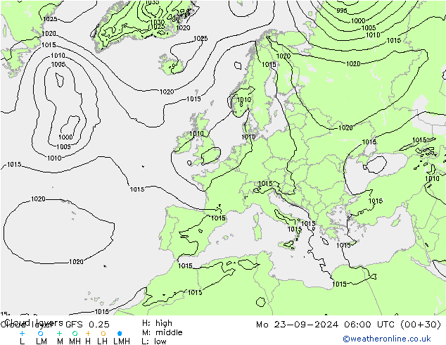 Cloud layer GFS 0.25 пн 23.09.2024 06 UTC