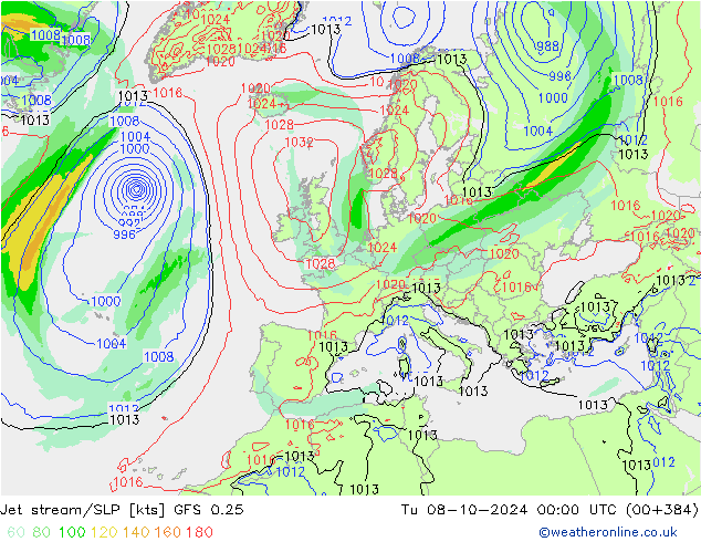 高速氣流/地面气压 GFS 0.25 星期二 08.10.2024 00 UTC