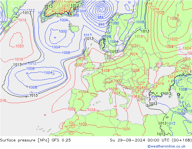 Luchtdruk (Grond) GFS 0.25 zo 29.09.2024 00 UTC