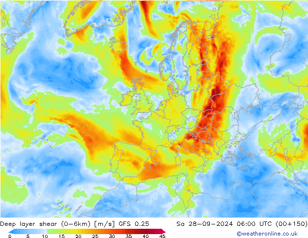 Deep layer shear (0-6km) GFS 0.25 Sa 28.09.2024 06 UTC