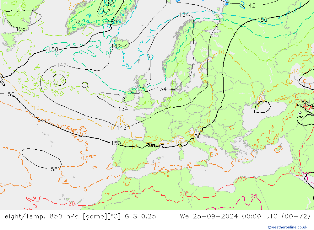 Height/Temp. 850 hPa GFS 0.25 We 25.09.2024 00 UTC