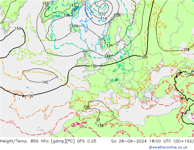 Z500/Yağmur (+YB)/Z850 GFS 0.25 Cts 28.09.2024 18 UTC