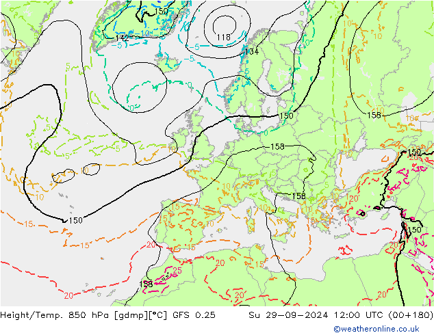 Height/Temp. 850 hPa GFS 0.25 dom 29.09.2024 12 UTC