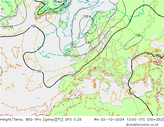 Z500/Rain (+SLP)/Z850 GFS 0.25 Qua 02.10.2024 12 UTC