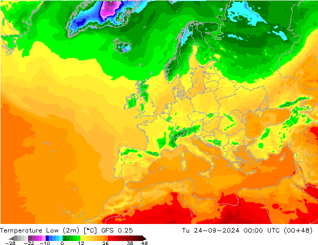 Nejnižší teplota (2m) GFS 0.25 Út 24.09.2024 00 UTC